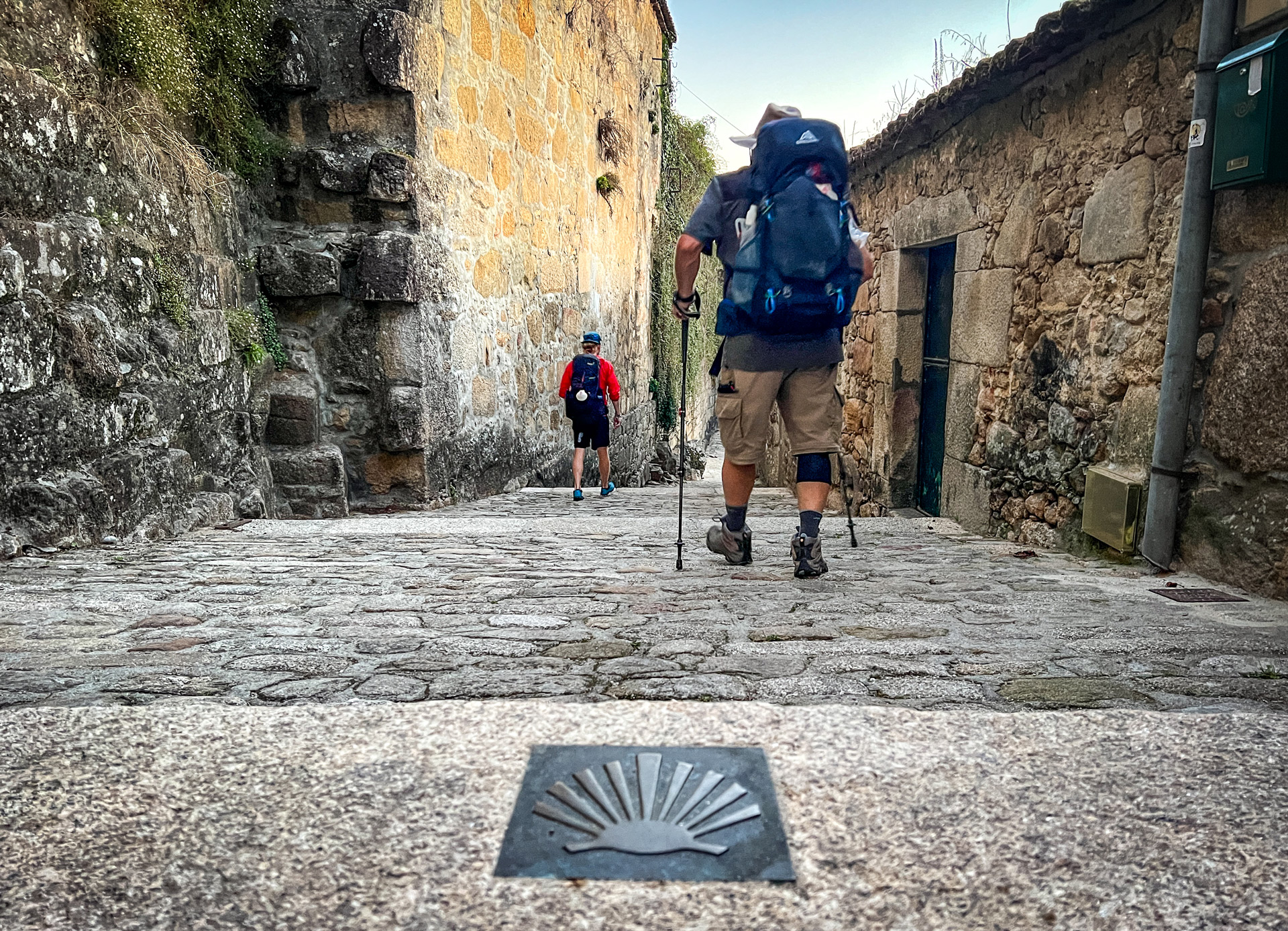 Hiking along a stone street.